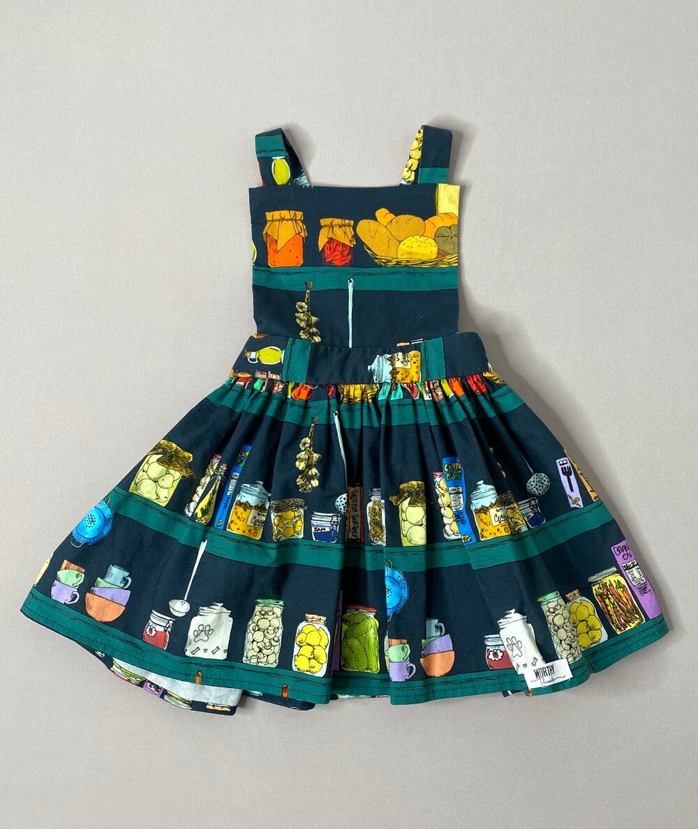 Worthy Threads Girls 12-18 Mo Blue Pinafore Dress in Canning Print